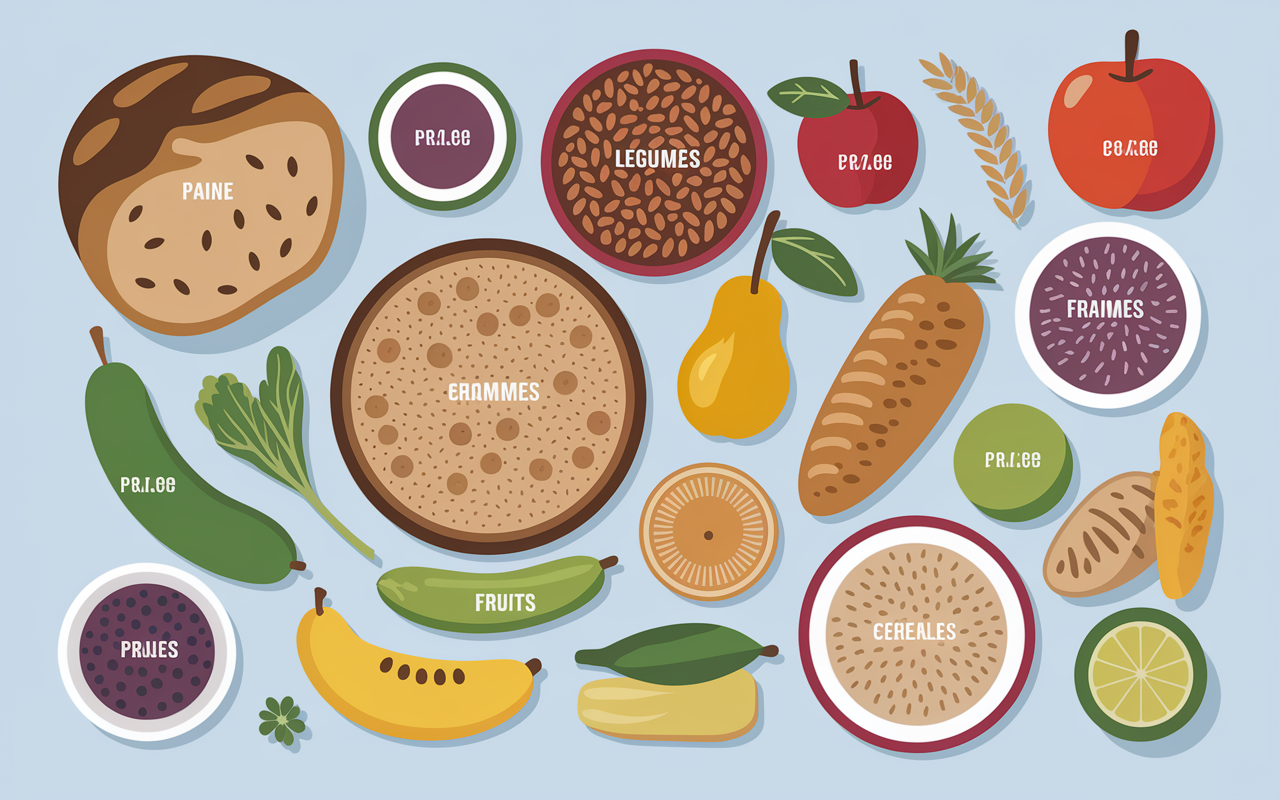 Tableau aliments riches fibres céréales légumes graines fruits