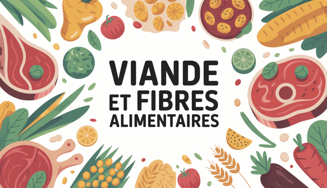 Assiette avec viande, légumes, céréales et titre viande et fibres alimentaires