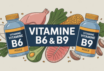 Illustration flacons vitamine B6 B9 et aliments sains