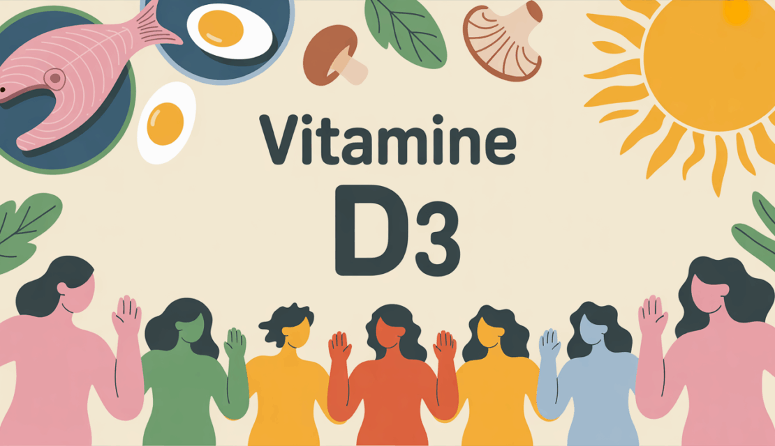 Vitamine D3 avec poisson gras, œufs, champignons et soleil