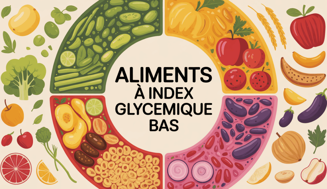 Assiette aliments à index glycémique bas composée de légumes, céréales, fruits