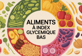 Assiette aliments à index glycémique bas composée de légumes, céréales, fruits