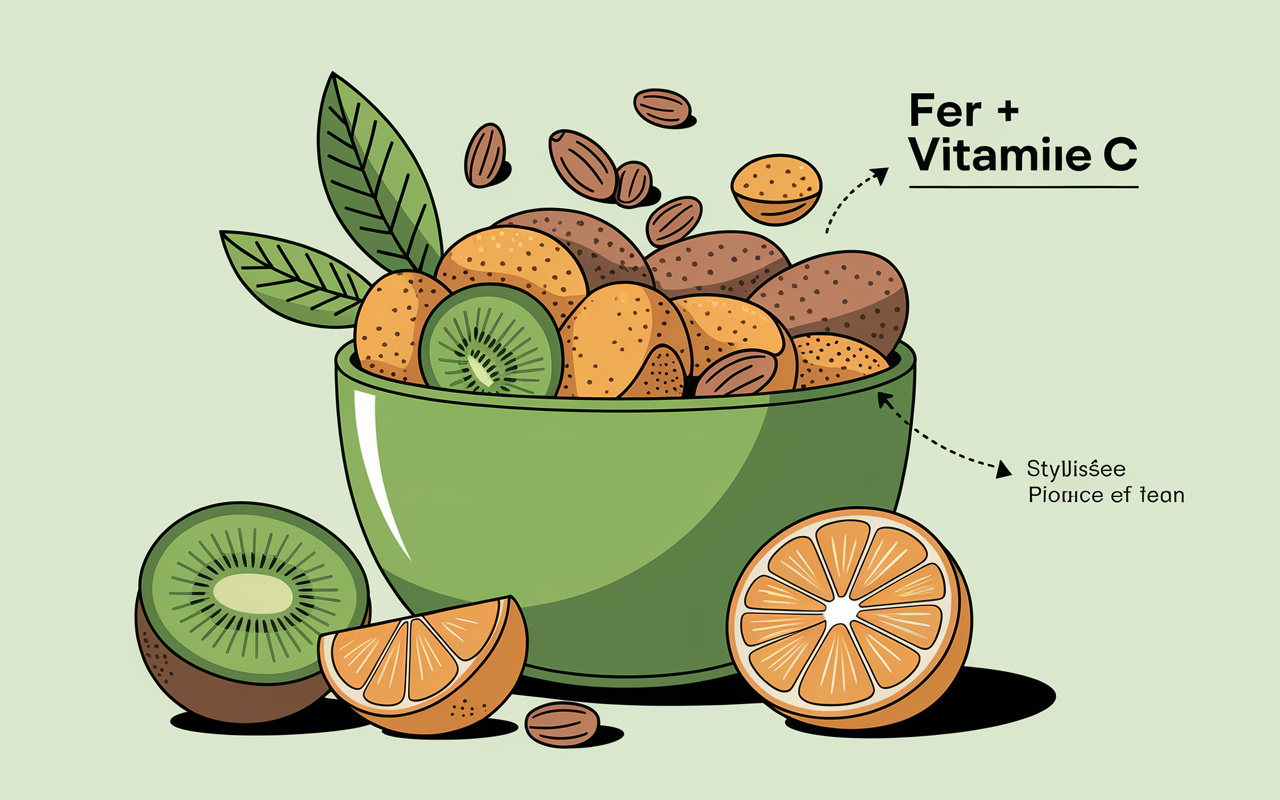 Bol fruits secs abricots pistaches kiwi orange meilleure absorption fer