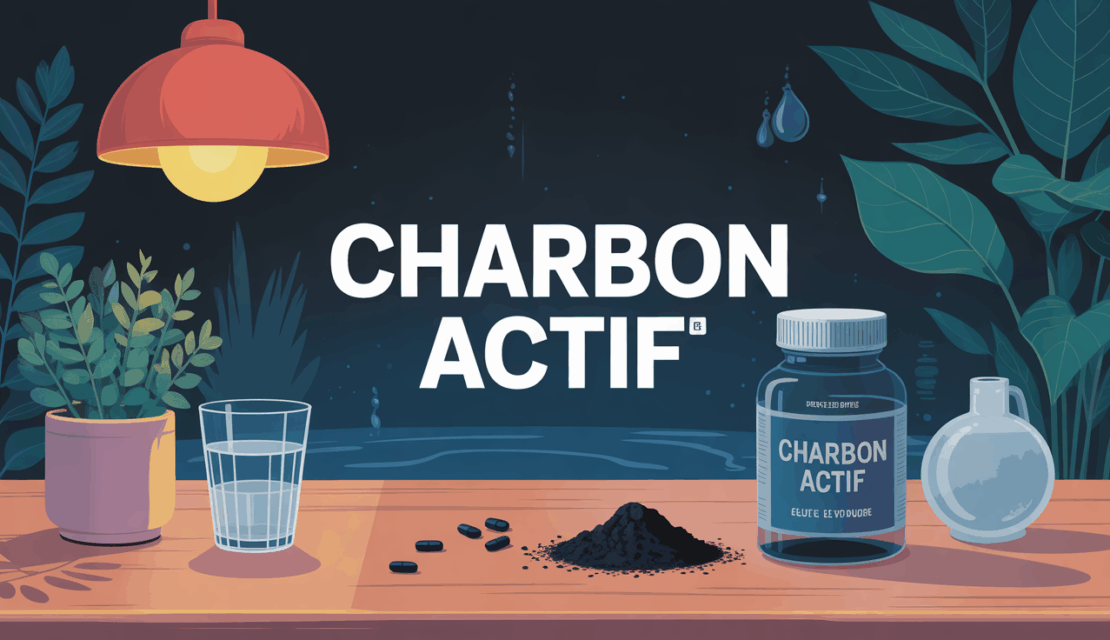 Charbon actif gélules poudre sur table nuit ambiance soir