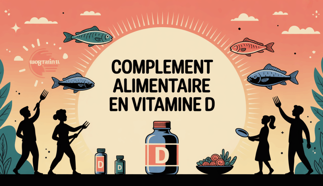 complément alimentaire vitamine D grande bouteille et poissons