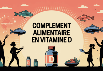 complément alimentaire vitamine D grande bouteille et poissons