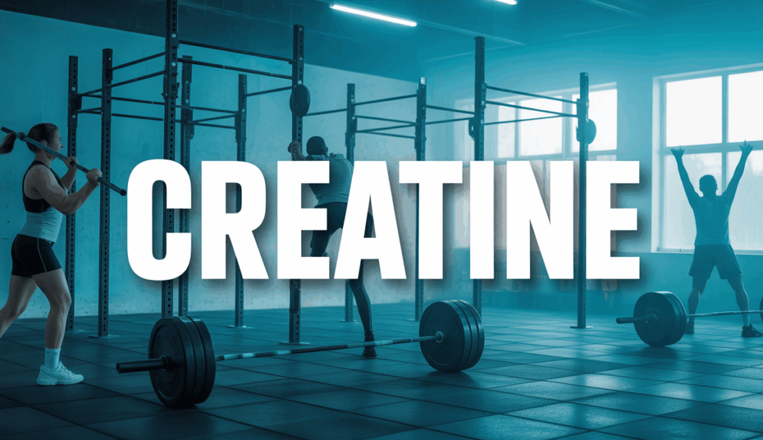 Haltères et équipements musculation dans salle de sport avec creatine
