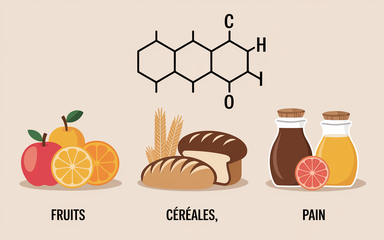 Aliments riches en glucides et schéma moléculaire