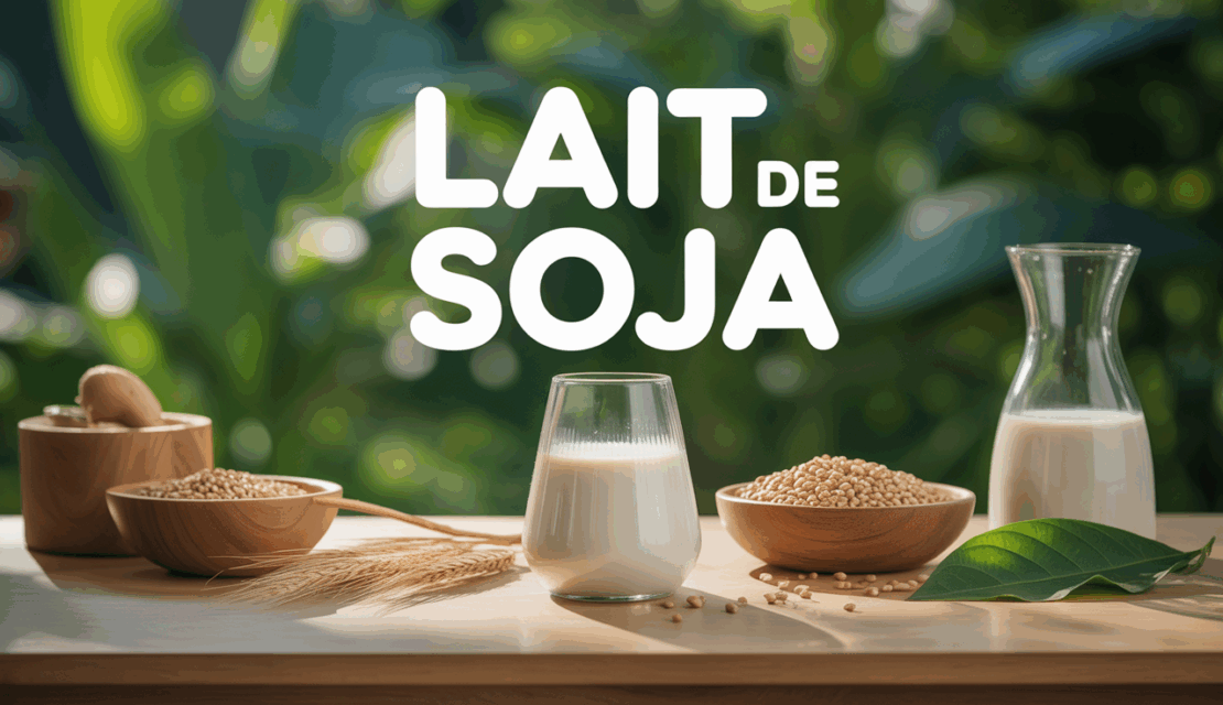 verre de lait de soja sur table avec grains et feuilles