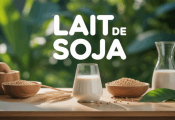 verre de lait de soja sur table avec grains et feuilles