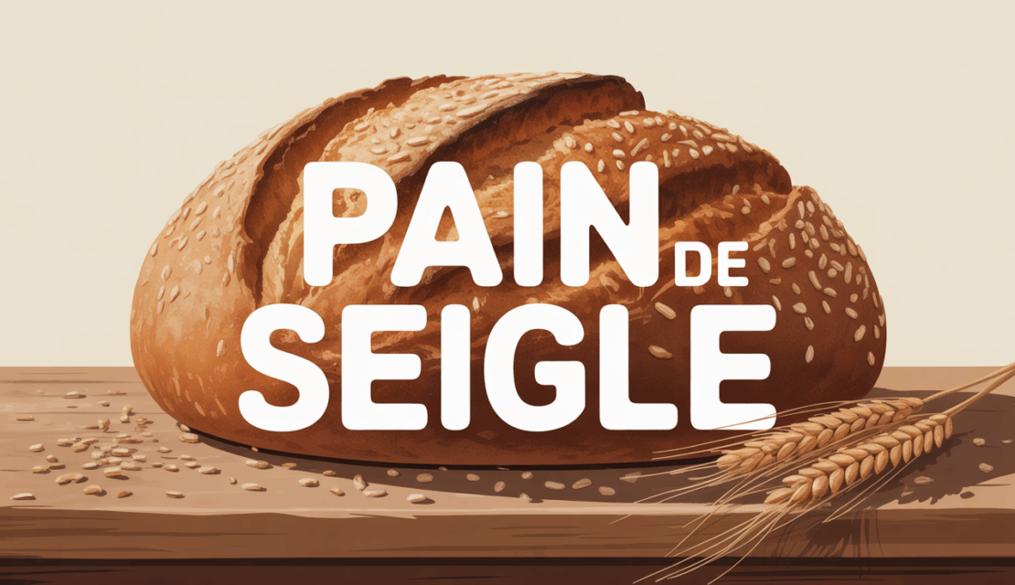Pain de seigle miche rustique sur table en bois grains