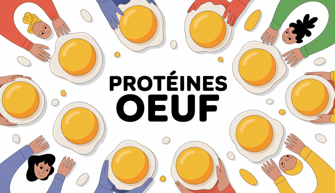 Plat stylisé avec œufs et texte proteines œuf