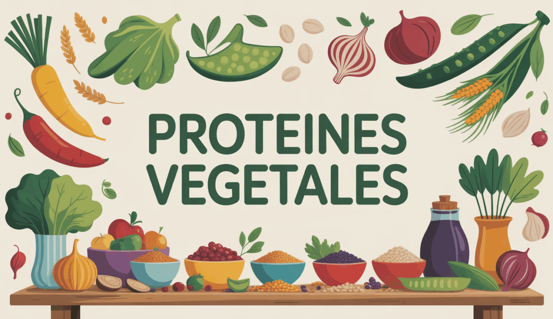 Table en bois avec legumes et bols de proteines vegetales
