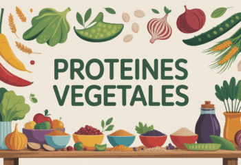 Table en bois avec legumes et bols de proteines vegetales