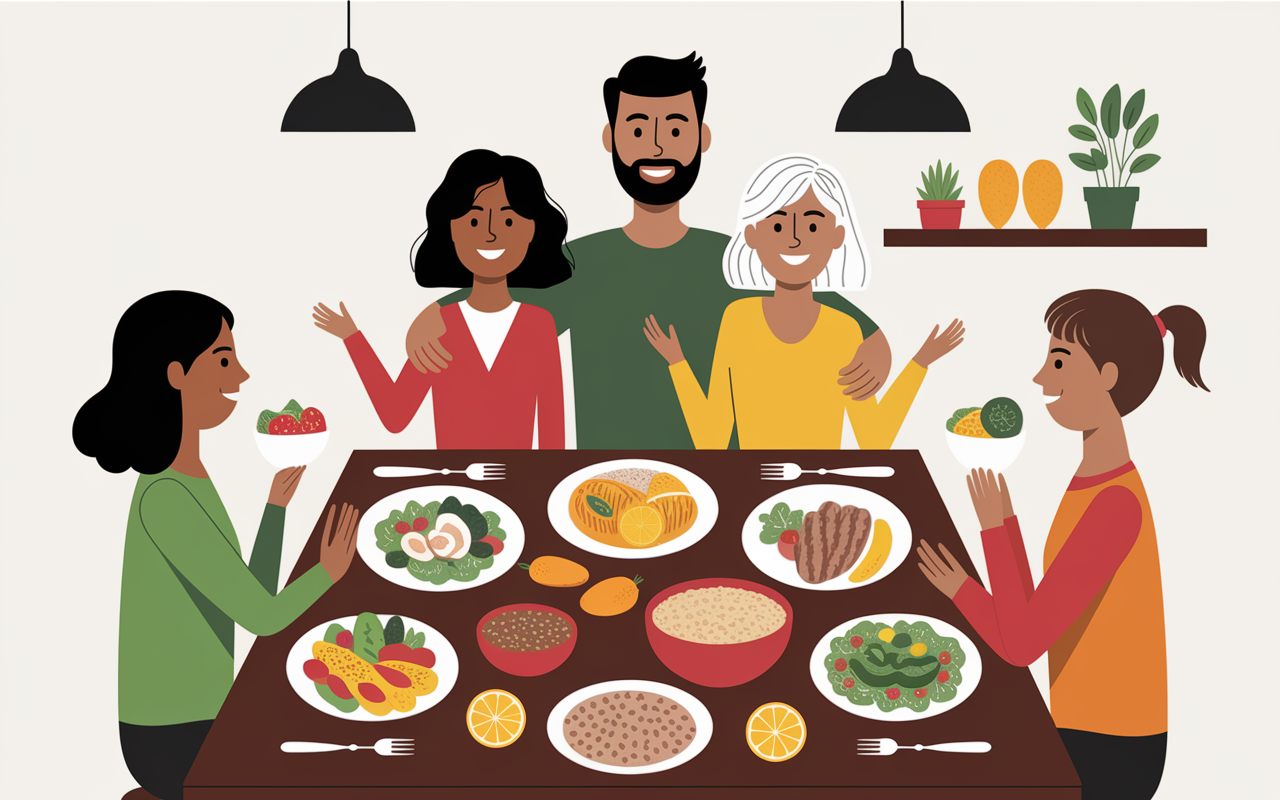 Famille repas équilibré IG bas table conviviale