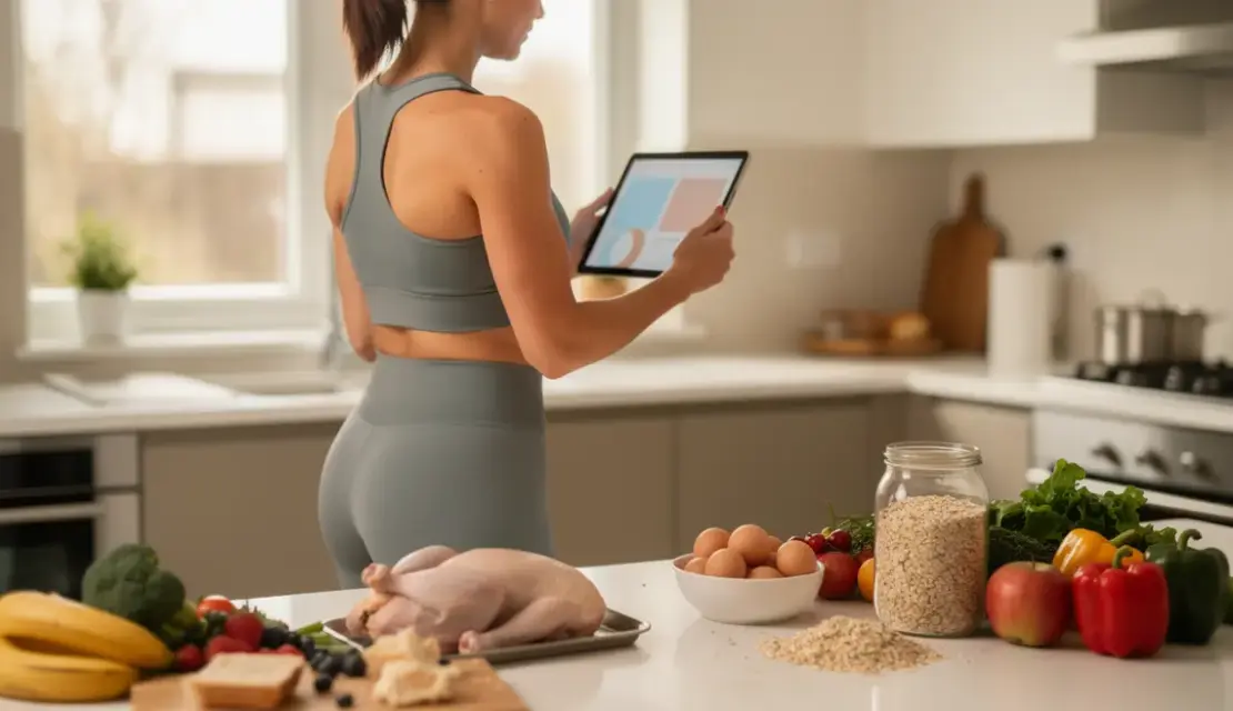 femme active consulte menu sèche sur tablette avec ingrédients frais