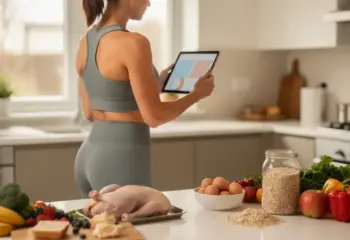 femme active consulte menu sèche sur tablette avec ingrédients frais