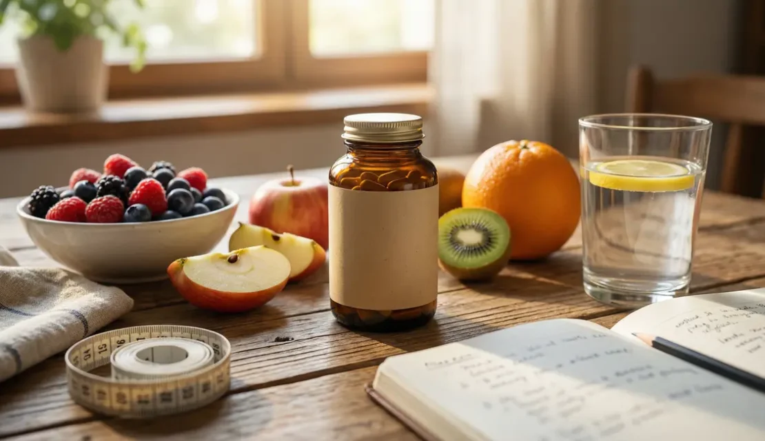 Flacon PhenGold avec fruits, mètre ruban, guide perte de poids