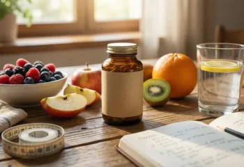 Flacon PhenGold avec fruits, mètre ruban, guide perte de poids