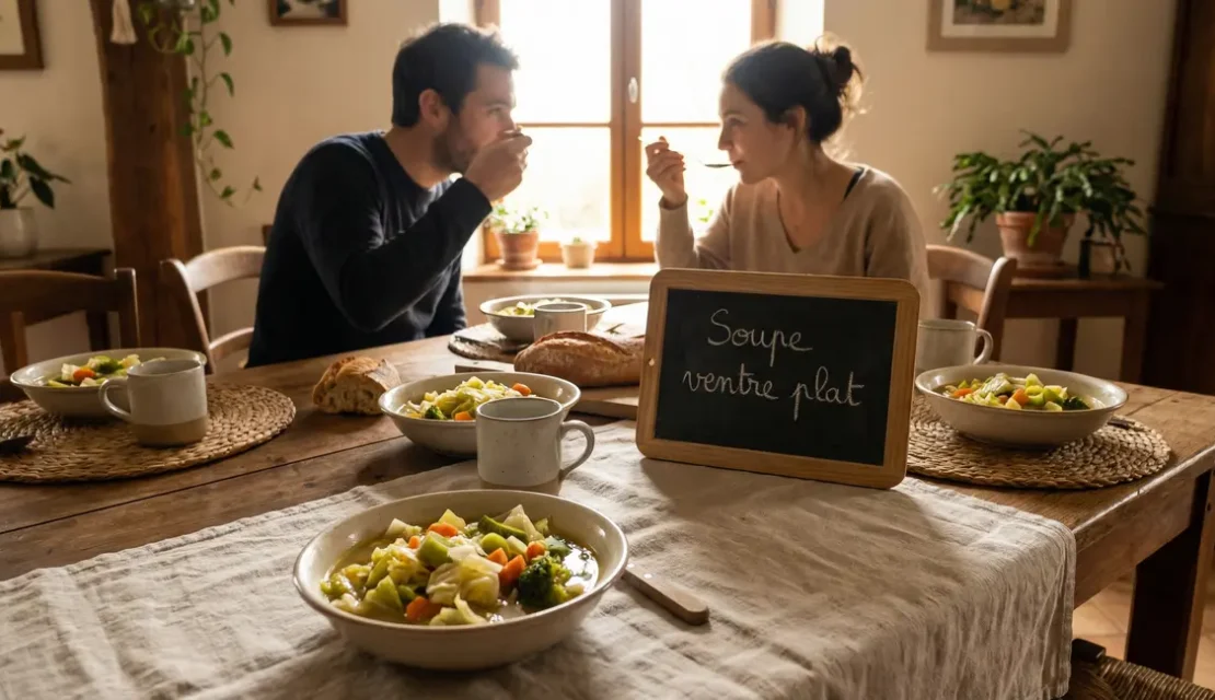 bols de soupe ventre plat legumes chou poireau brocoli sur table
