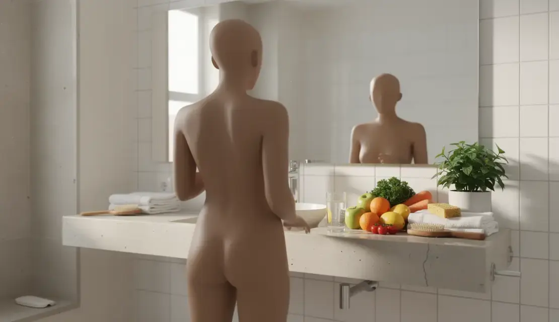 femme observe son visage moins gonfle salle de bain fruits eau