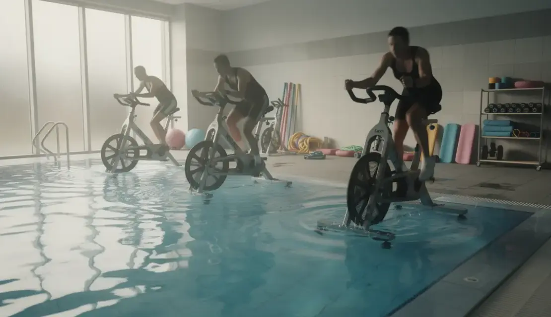 Salle aquabike moderne, silhouettes adultes sur vélos aquatiques