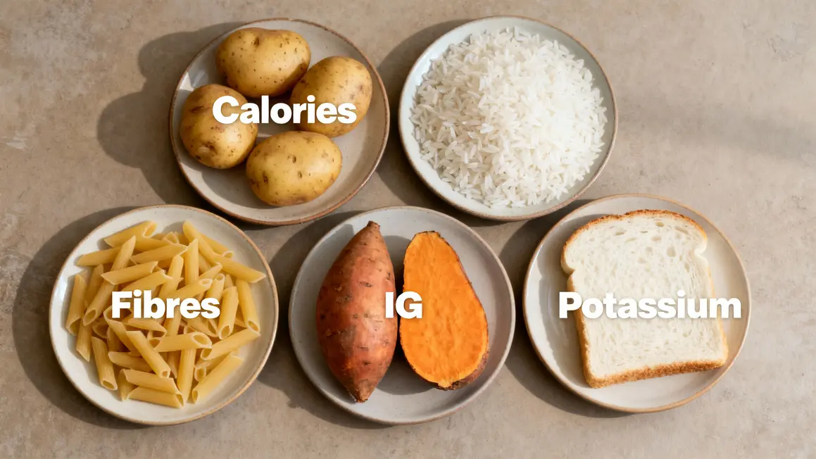 Tableau des féculents, valeurs calories, IG, fibres, potassium