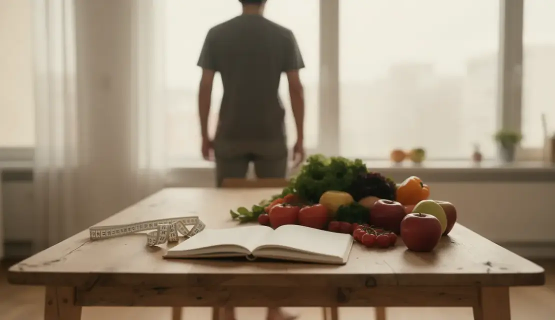 Salle à la lumière naturelle avec personne, carnet et fruits pour perte de poids 15 kg