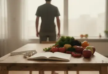 Salle à la lumière naturelle avec personne, carnet et fruits pour perte de poids 15 kg