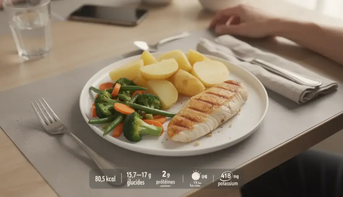 Assiette équilibrée avec pommes de terre vapeur, légumes, protéines, chiffres nutritionnels