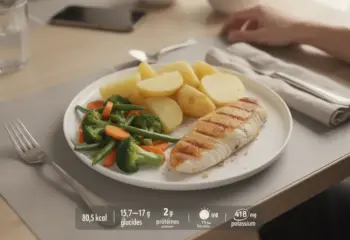 Assiette équilibrée avec pommes de terre vapeur, légumes, protéines, chiffres nutritionnels
