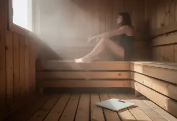 Cabine de sauna bois et balance pour perdre du poids