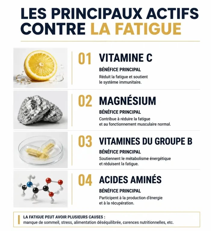Infographie des principaux actifs et médicaments contre la fatigue pour retrouver de l'énergie