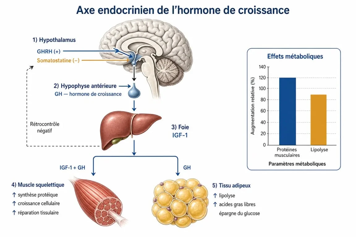 Schéma explicatif du fonctionnement de l'hormone de croissance pour la musculation et son impact sur la synthèse protéique.
