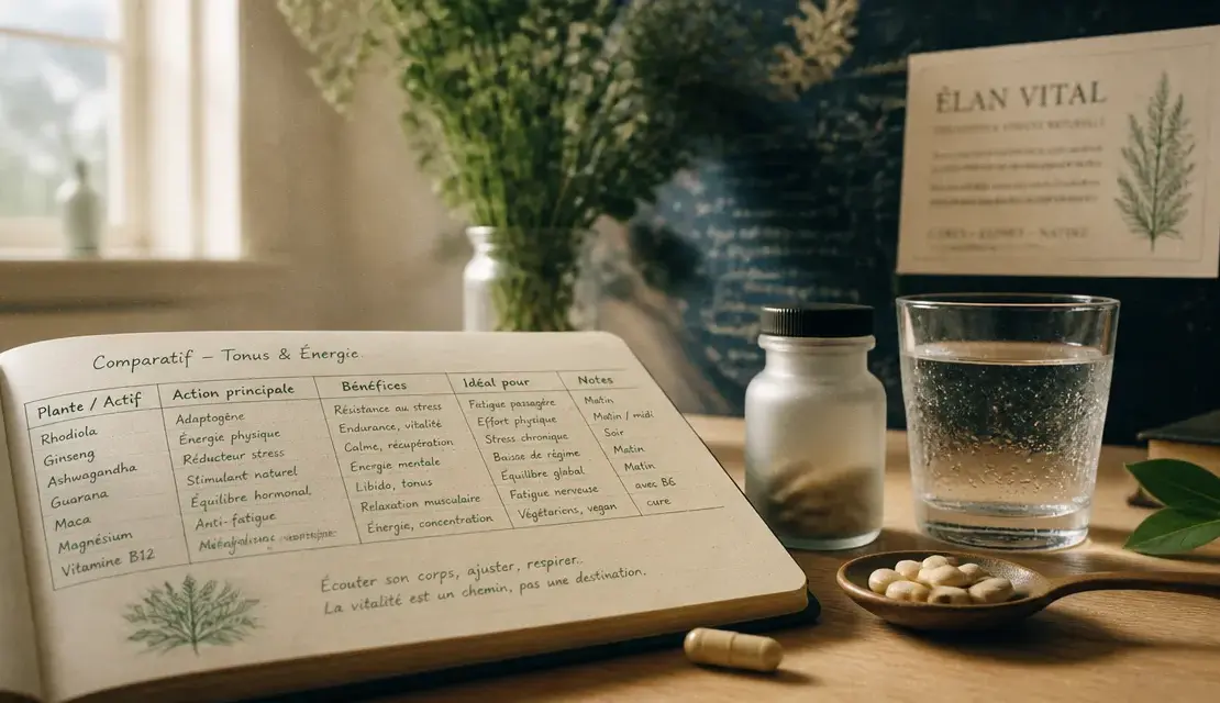 Médicaments contre la fatigue : gélules, flacon et verre d’eau au matin
