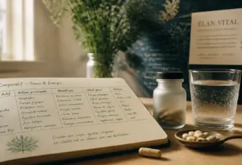 Médicaments contre la fatigue : gélules, flacon et verre d’eau au matin
