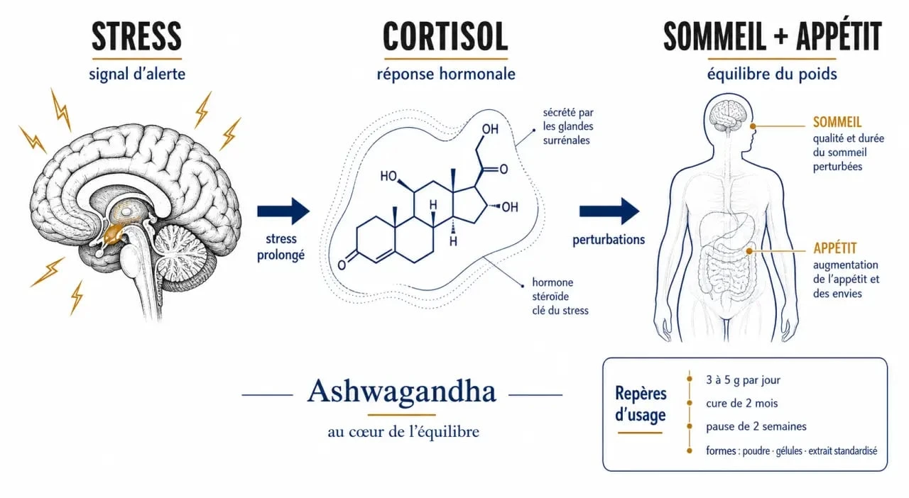 Ashwagandha perte de poids : schéma éditorial du lien entre stress, cortisol et équilibre du poids