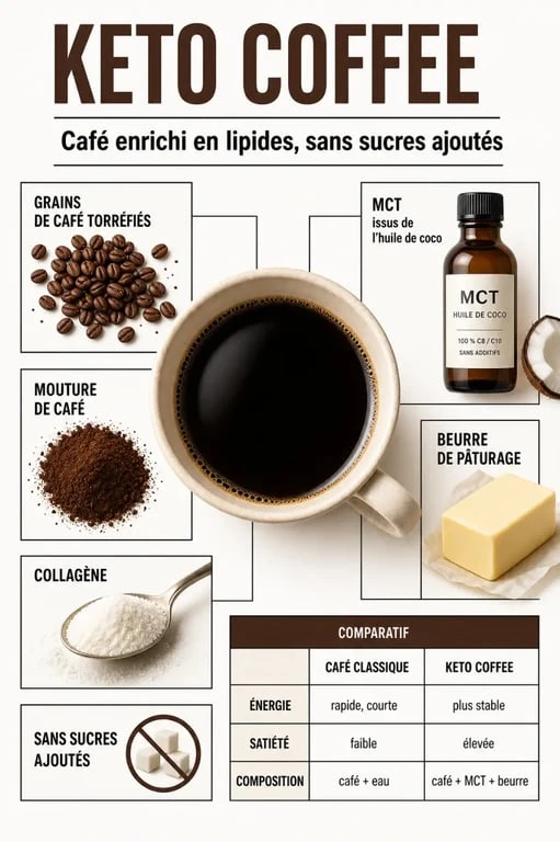 Keto coffee : composition, ingrédients et avantages en infographie éditoriale