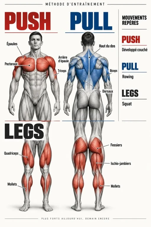 Infographie push pull legs présentant les muscles et mouvements des séances push, pull et legs