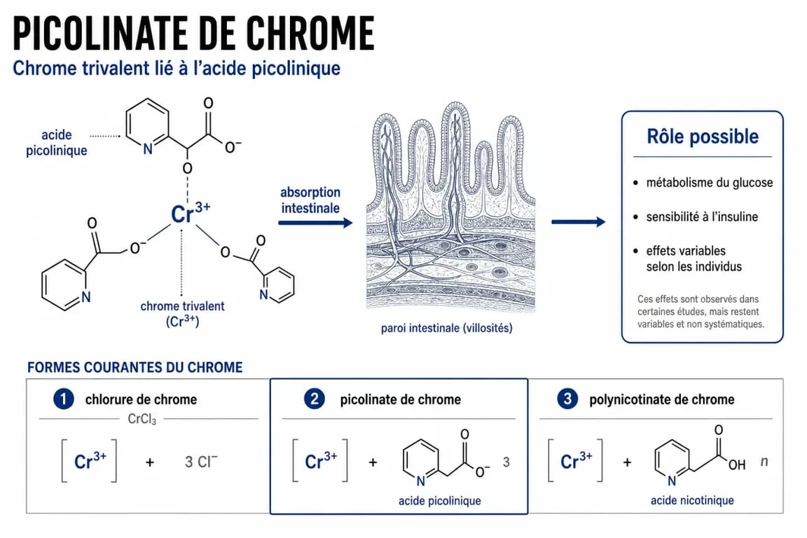 Chromium as chromium picolinate : schéma du chrome trivalent, de l’absorption et des différences avec d’autres formes de chrome
