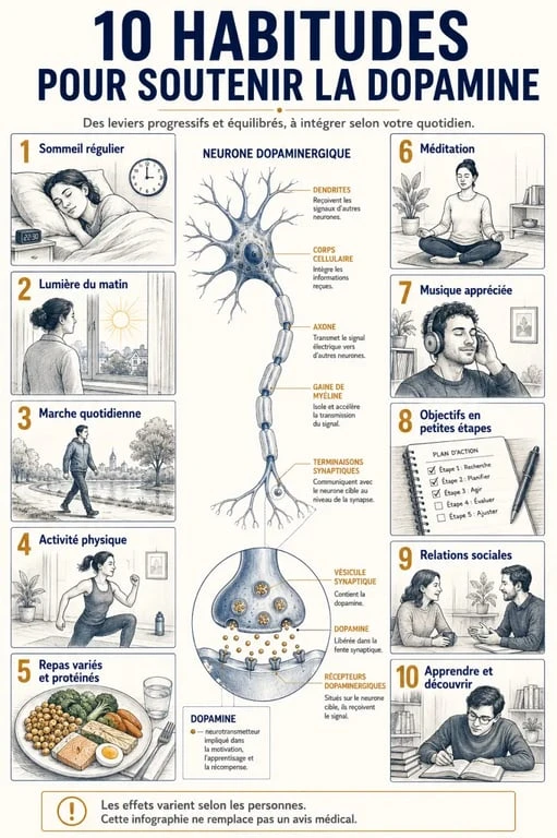Infographie scientifique sur 10 façons d augmenter la dopamine dans votre cerveau au quotidien
