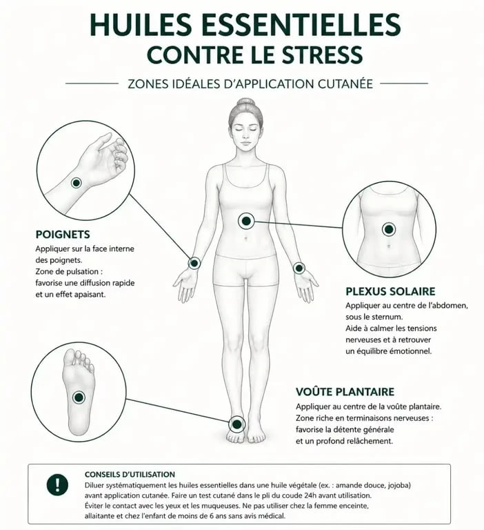 Guide visuel des zones d'application des huiles essentielles pour soulager le stress et l'anxiété