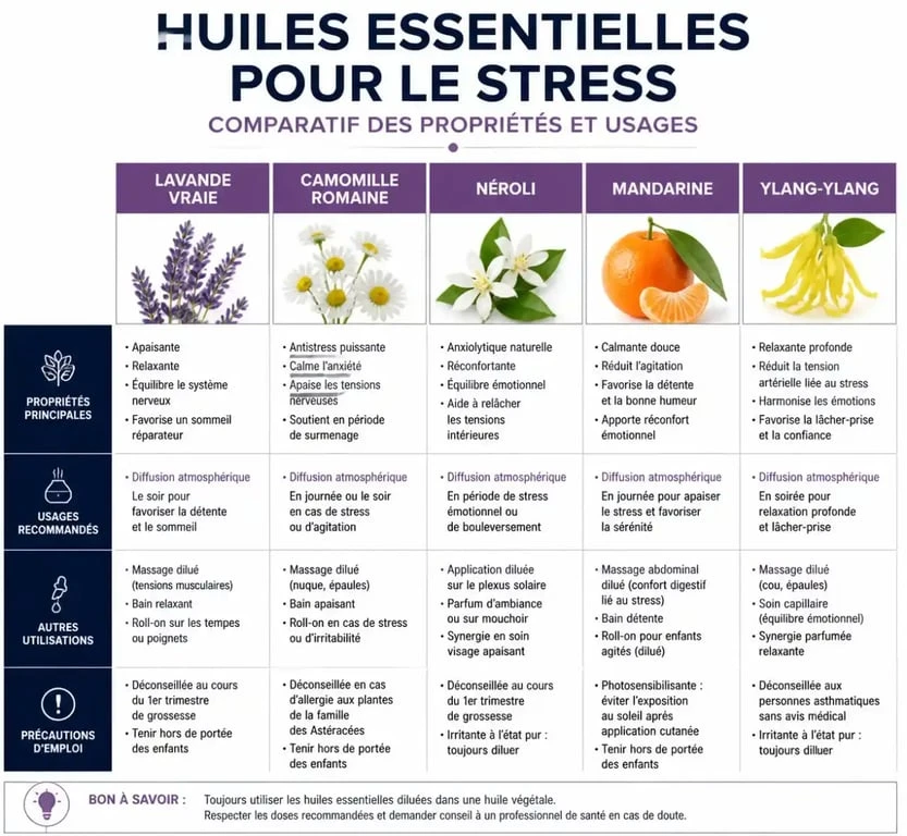Infographie des meilleures huiles essentielles pour le stress et l'anxiété