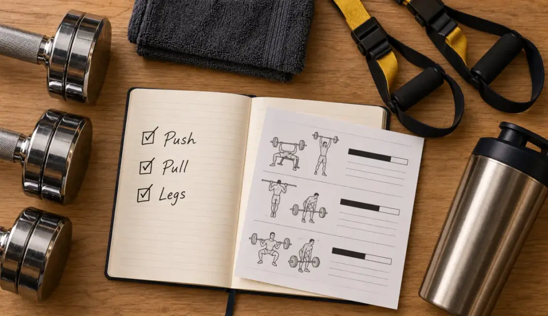 Push pull legs : plan 3 à 6 séances, carnet et haltères sur table