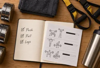 Push pull legs : plan 3 à 6 séances, carnet et haltères sur table